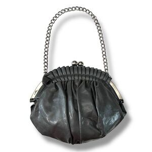 Vintage Grey Leather Clutch with Chain Handle and Kiss-lock Closure